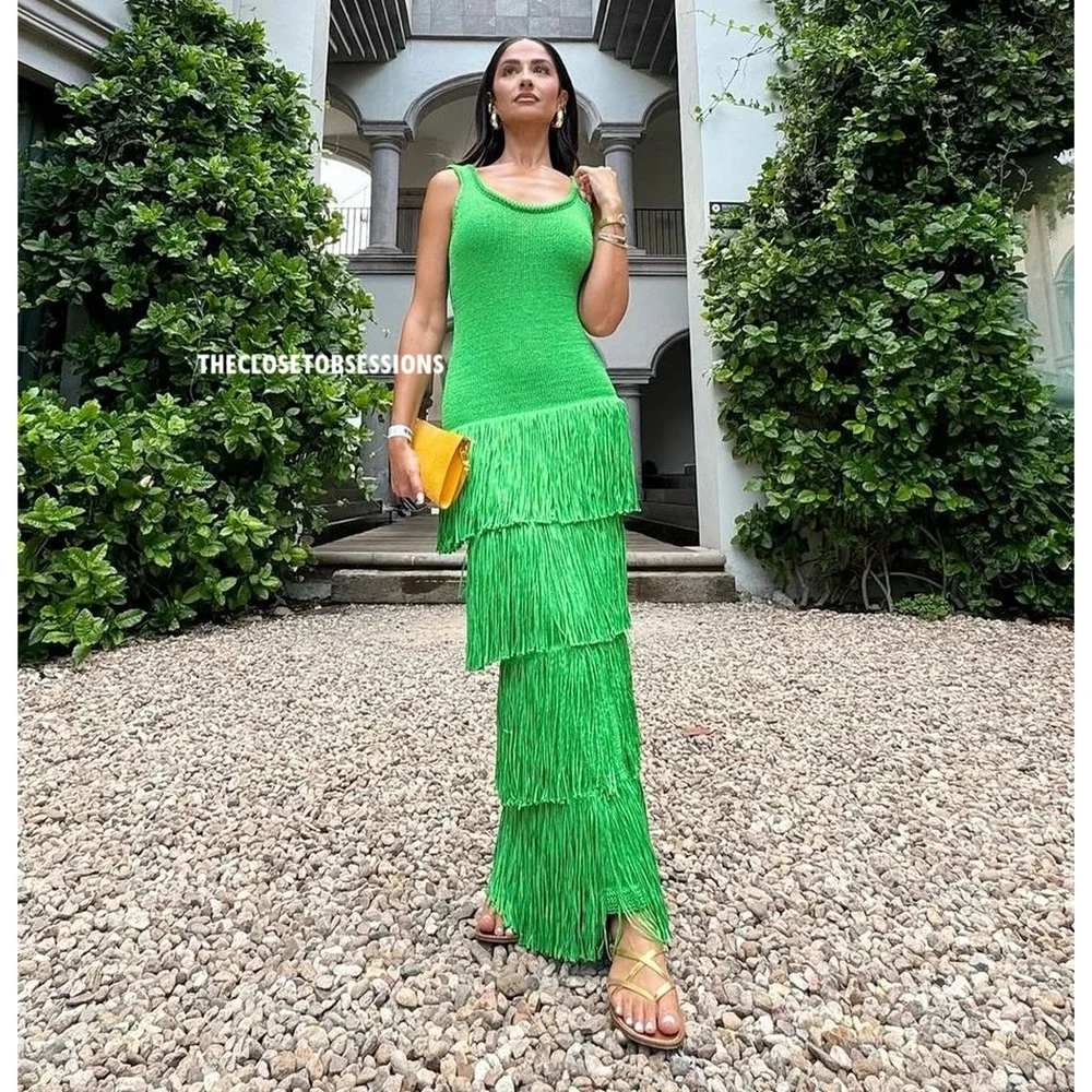 Mango Bright Green Tiered Fringe Maxi Dress - Picture 13 of 16